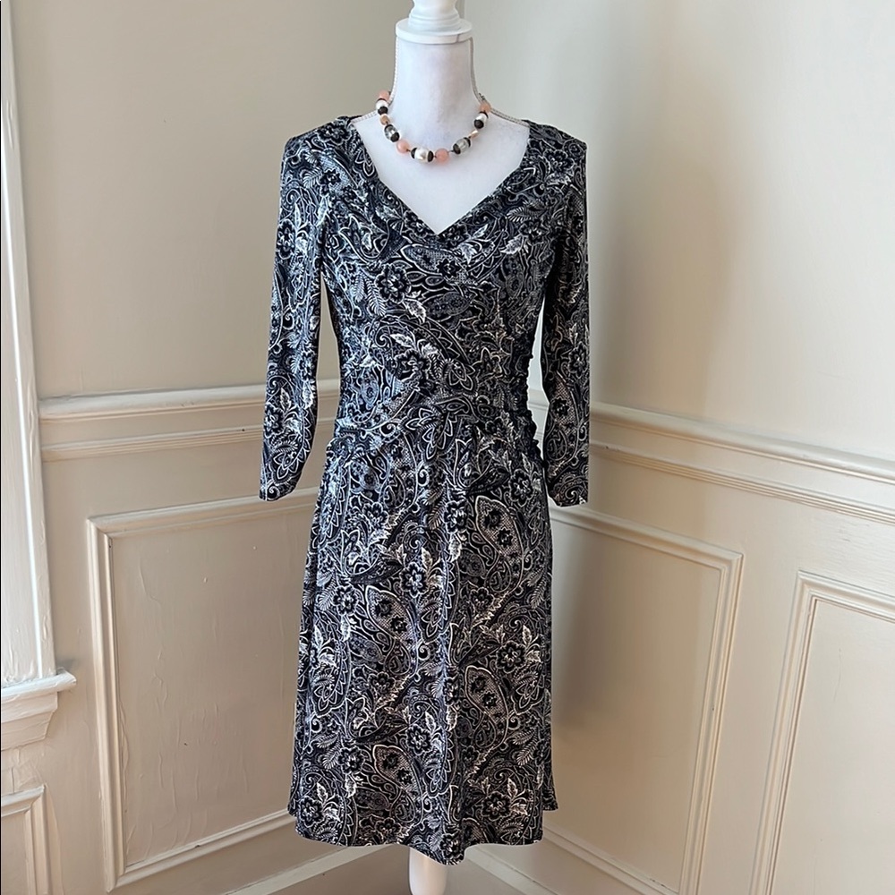 Black and White Ruched Wrap Dress with V-Neck